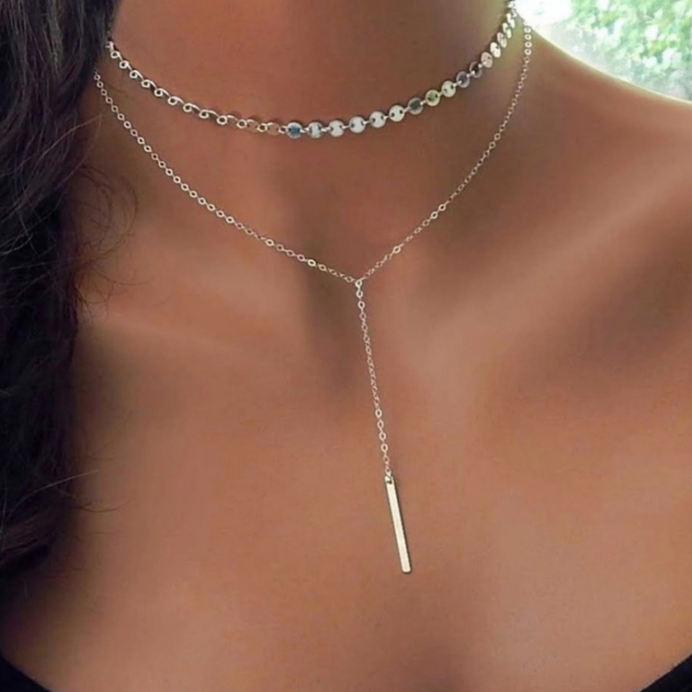 2 layer silver color bar necklace